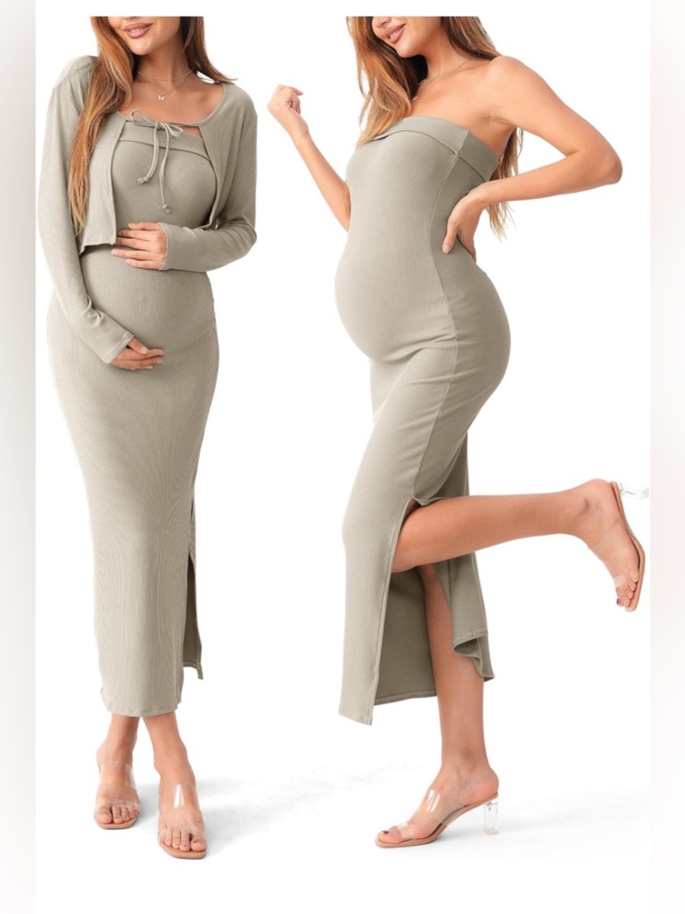 SUNNYBUY Baby Shower Maternity Tube Dress Short Cardigan Ribbed Maxi Dress